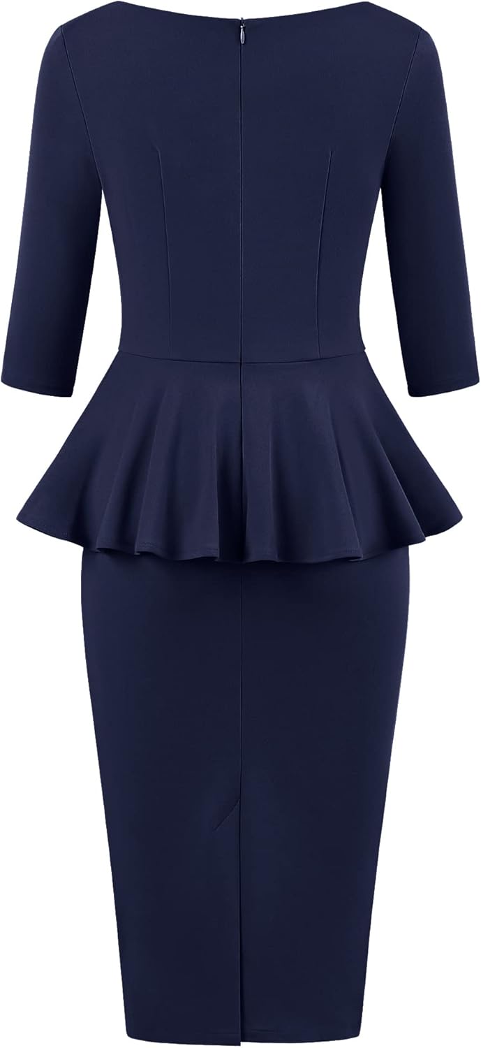 MUXXN Women's 50s Vintage Bodycon 3/4 Sleeve Midi Peplum Business Formal Work Pencil Dresses