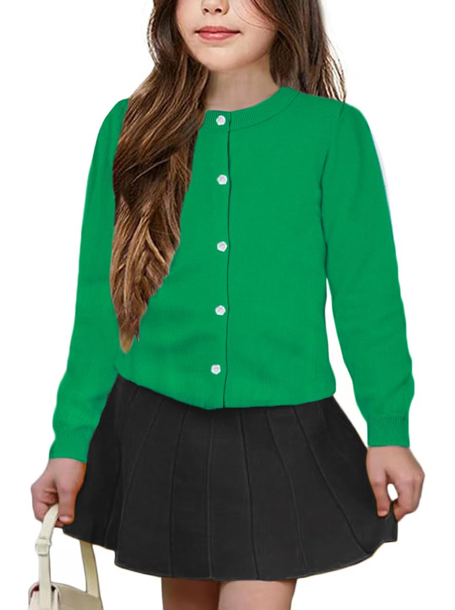 Girls' Cardigan Sweater [Cute Petal Buttons] Cotton Long Sleeve Crewneck Uniform Sweater for 5-14 Years Girls