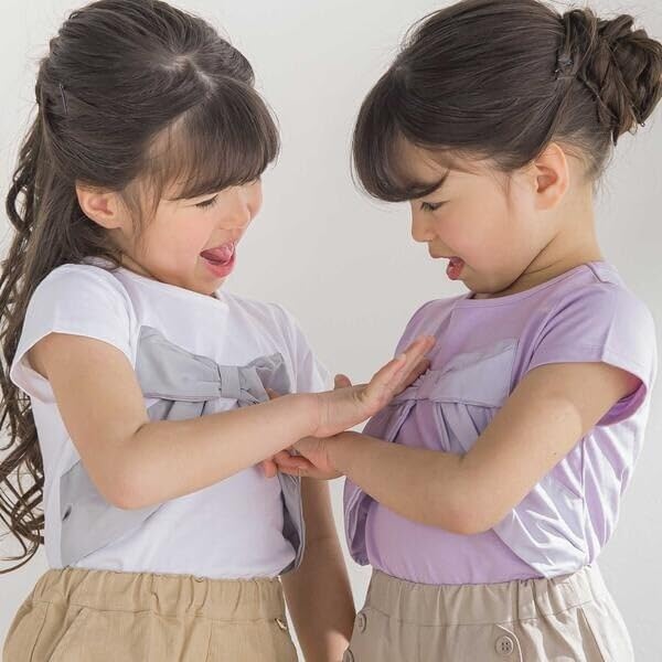 [ベベ プチ ポワ ヴェール] サテン風配色リボンモチーフ半袖Tシャツ(95~150cm)