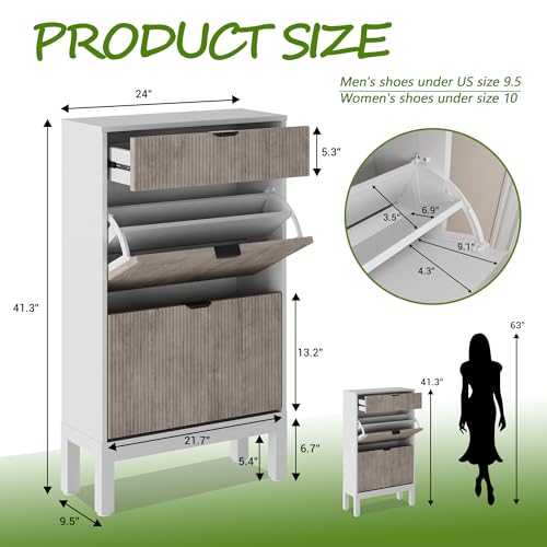 GarveeHome Shoe Storage Cabinet with 2 Flip Drawers, Farmhouse Fluted Shoe Organizer with Metal Legs, Freestanding Hidden Slim Narrow Shoe Rack for Entryway, Foyer, Hallway