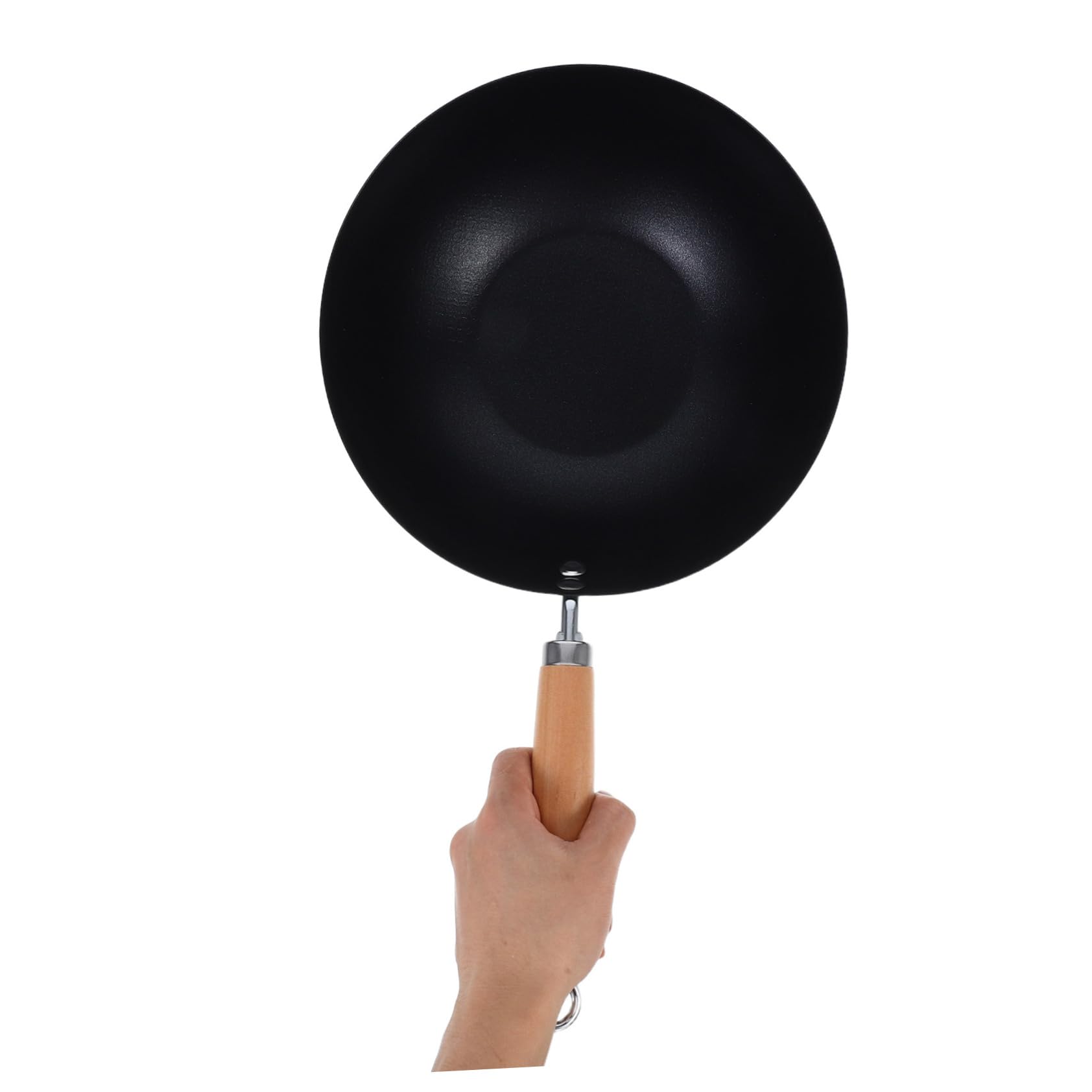 HEALLILY Padella in ferro con coperchio profondo antiaderente Wok design ergonomico manico in legno per cucina cucina comoda conservazione