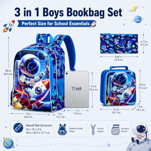 Image of HPJGD 3PCS Space Backpack for Boys, Water Resistant Kids Bookbag Set with Lunch Box, Cool School Bag for Preschool Toddler - Astronaut Riding Rocket