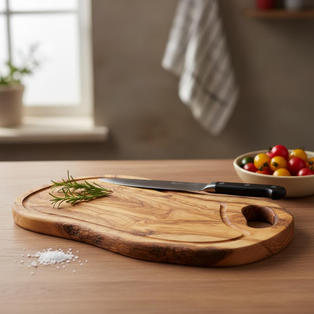 Schneidebrett Olivenholz -Holzbrett Küche mit Saftrille und Griff - massives Steakbrett Olivenholzbrett antibakteriell - alternative zu Schneidebrett Kunststoff (45-49cm)