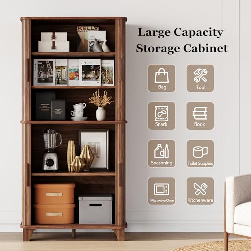 Image of Decofy 69 inch Tall Kitchen Pantry Storage Cabinet with Sliding Door, Modern Curved Edge Pantry Storage Cabinet with 5 Shelves, Cupboard for the Kitchen, Dining Room, Bedroom, Living Room, Office (Walnut)