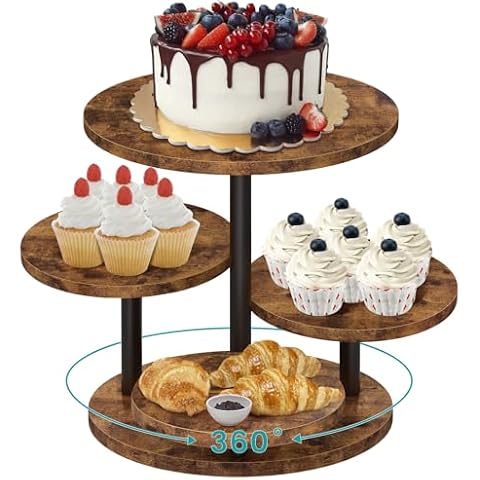 ELITEROO 4 Tier Round Cupcake Tower Stand for 50 Cupcakes, Wooden Rotatable Cake Stands with Tiered Tray, Farmhouse Wood Dessert Display Platter for Birthday Graduation Baby Shower Wedding Tea Party Cover