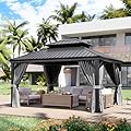 Aoxun 12' X 14' Hardtop Gazebo with Drainage System, Aluminum Outdoor Gazebo with Galvanized Steel Double Roof, Patio Permanent Metal Pavilion with Curtain and Netting, for Backyard, Deck, Grey