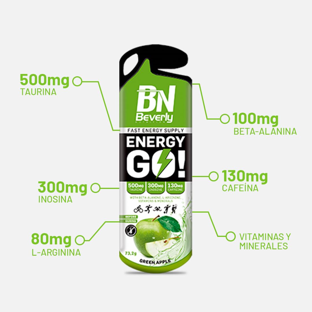 Beverly ENERGY GO | Gel Energético | Estuche de 12 geles de 73 gr cada uno | Delicioso sabor | Aumento de fuerza y resistencia antes y durante el ejercicio. (MANZANA)
