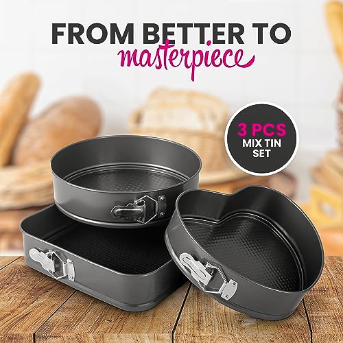 ARIANA HOMEWARE Spring Form Pan Set with Heart Round & Square Shape - Leak Proof Cake Mold for Baking Enthusiast – Deep Cake Tin Baking Set with Removable Bottom (24CM x 26CM x 28 CM) Set of 3