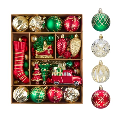 Weihnachtskugeln Christbaumkugeln Christbaumschmuck, 72 Set Rot Grün Gold Kunststoff Bruchsicher Aufhängen Weihnahctsdeko Weihnachtsbaumschmuck Christmas Tree Decorations