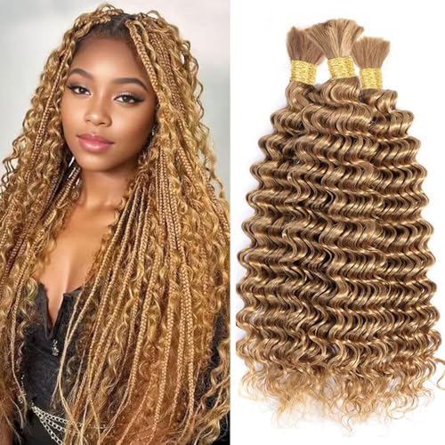 Human Braiding Hair for Boho Braids Bulk Deep Wave Boho Hair for Braiding Wet and Wavy Brazilian Virgin Human Bohemian Hair for Braiding 2 Bundles 160g Honey Blonde 24''