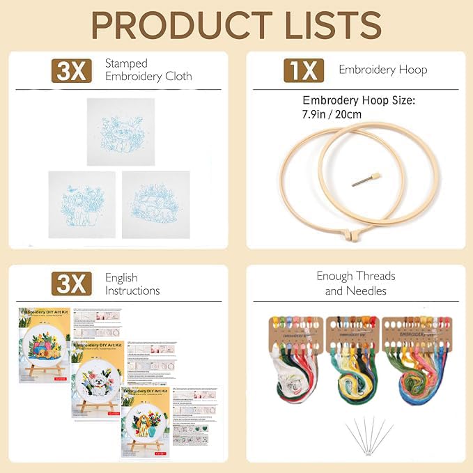 Image of GLTAYLMY Cute Dogs Embroidery Kit for Beginners with Pattern and Instructions,3 Pack Cross Stitch Kits,1 Plastic Embroidery Hoops,Threads and Needles,Needlepoint Kit for Adults