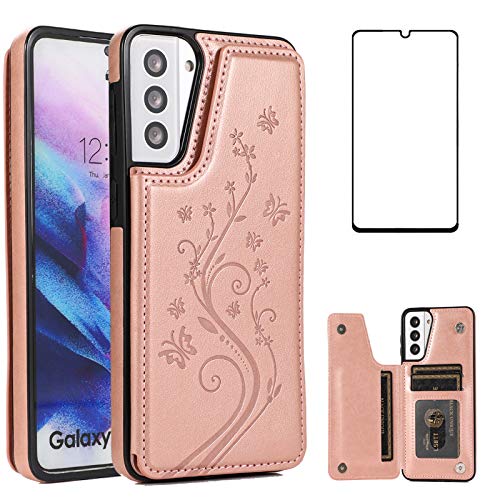 Coque Samsung S21 Plus抗震 étui portefeuille cuir rose et verre trempé anti-rayure