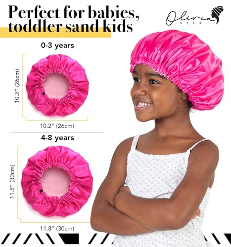 Olivia Sylx - Satin & Silk Bonnet - Sleep Cap & Kids Hair Cover for Girls, Adjustable (Hot Pink/Light Pink, 4-8 Years)3