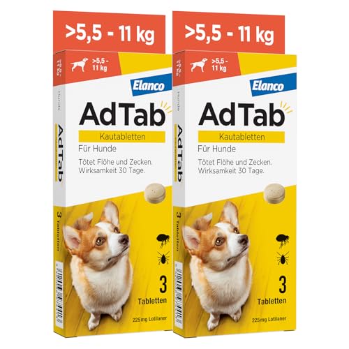 Sparset: Doppelpack AdTab Hunde Zecken- und Flohschutz ( 5,5 bis 11 kg), Kautablette tötet Zecken und Flöhe schnell ab und schützt einen Monat lang, leicht zu verabreichen (3 St. pro Packung)