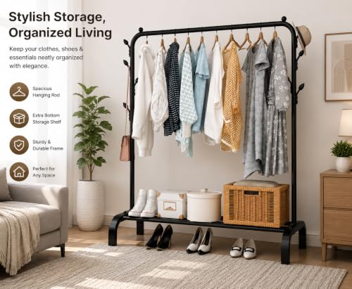 Image of Metal Multifunctional Heavy-Duty Quality Garment Stand Cloth Rack Freestanding Storage Organizer with Bottom Shelves Adjustable Folding Single Pole for Living Room