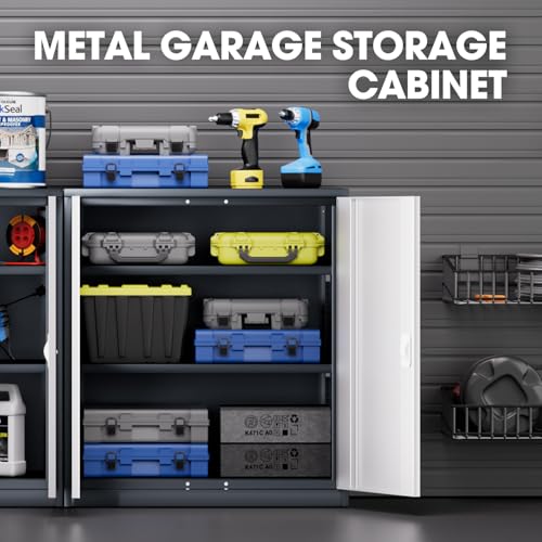 Image of DNA Motoring 36'' Metal Storage Cabinet, Locking Tool Cabinet with 2 Doors and 2 Adjustable Shelves, Heavy Duty Metal Locker for Garage,Office,Home,Gym, Gray White, TOOLS-00631-GY-WH-A