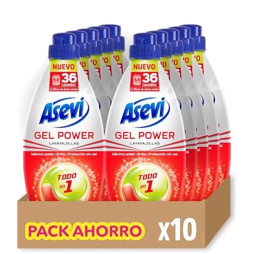 Asevi Gel Lavavajillas para Máquina Max Power - Detergente Lavaplatos Todo en 1 Pack de 10- Lavavajillas Líquido Gran Poder Desengrasante - Brillo sin Manchas - Protección Antical - Frescor Cítrico