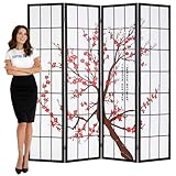 Japanese 4-Panel Screen Room Divider,6Ft Folding Privacy Divider,Chinese Room Dividers,Wooden Freestanding Partition Screen,White (Plum Blossom)