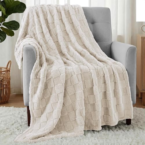 Utopia Bedding Linen Checkered Fleece Throw Blanket for Couch Sofa Soft Plush Cozy Blanket for Women and Men Home Decor Ultra Comfy Travel-Friendly Throws 50x60 Inches