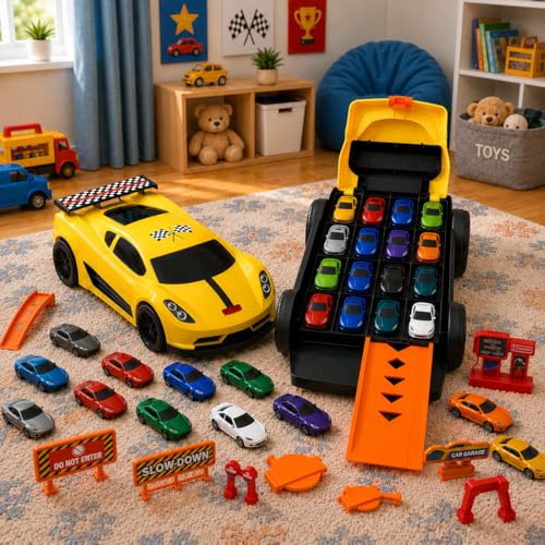Image of Mirana Car-in-Car Garage Toy for Kids | 4 Diecast Metal Alloy Cars Playset | Foldable Storage with Handle | Store Upto 16 Vehicles | Birthday, Diwali, Return Gift for Boys & Girls 18+ Months (Yellow)