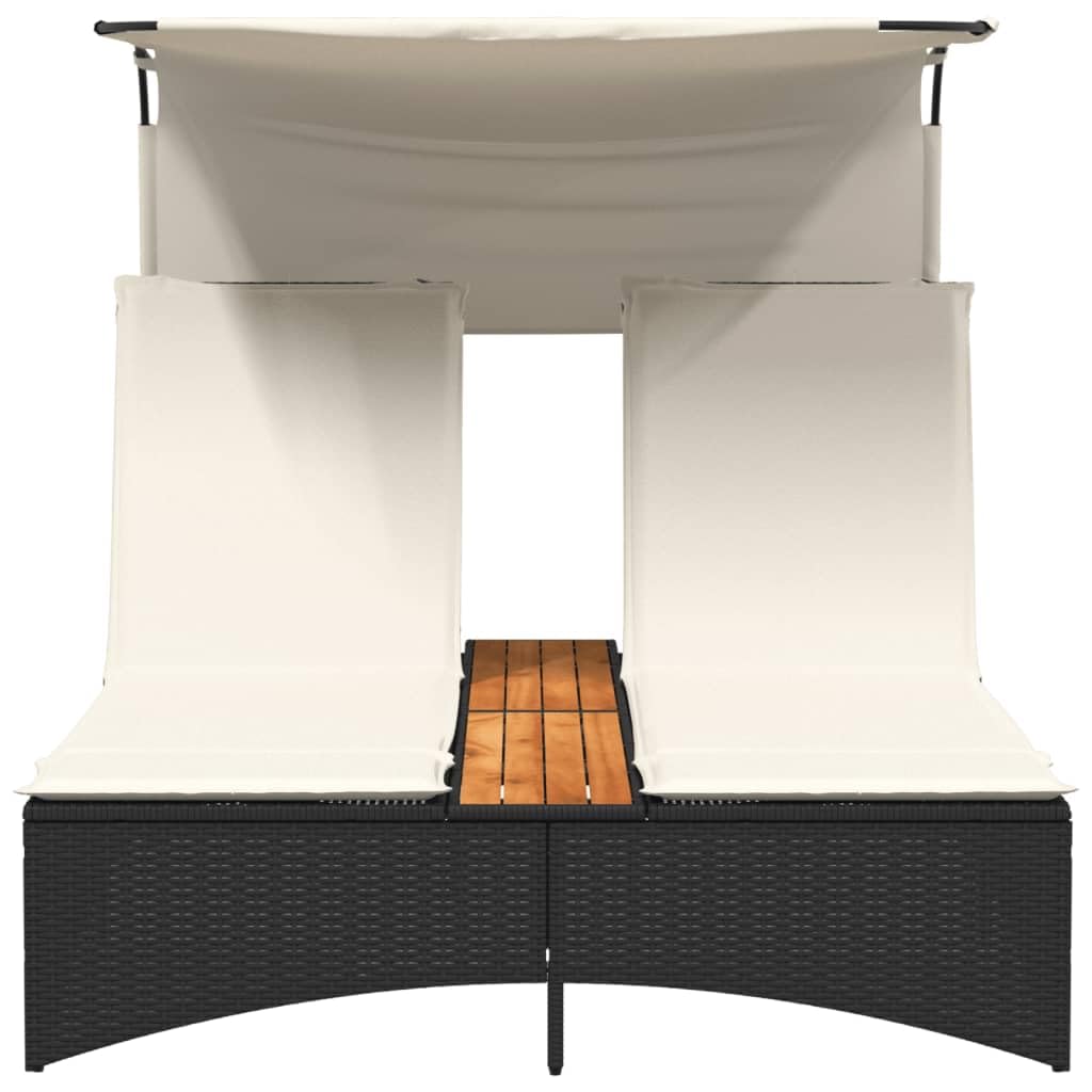 Tumbona Doble de Ratán para Jardín con Techo Solar, Cama Exterior Jardin, Tumbonas Piscina 2 Plazas, Cama Balinesa, Tumbonas Jardin Exterior, con Mesa de Centro y Almohadón Negro