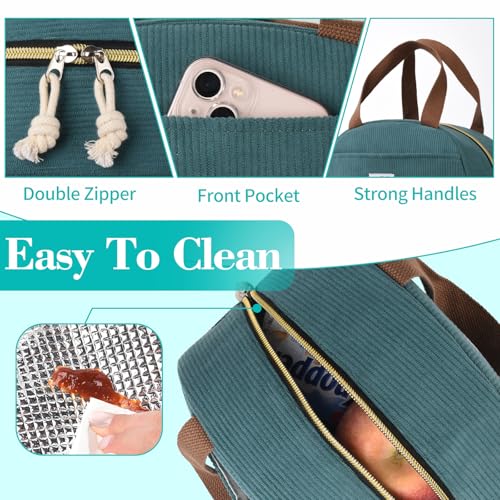 CaCTPUR Lunch Box for Women Girls Teens,Cute Lunch Box Cooler Bag, Portable Insulated Small Lunch Bag Women Reusable Corduroy Lunch Tote for Work/Travel/Picnic/School (Flower & Lake Greenl)