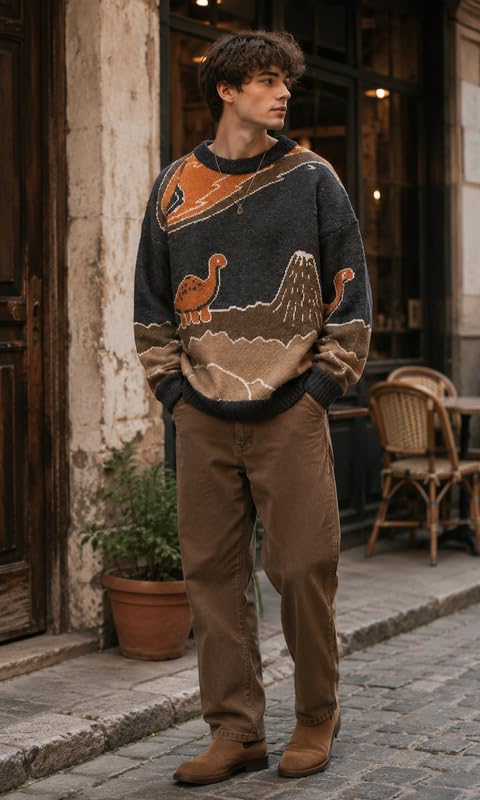 Image of Vamtac Mens Oversized Sweater Vintage Graphic Pullover Crewneck Knit Jumper Y2K Unisex Streetwear 2026 Fall Tops