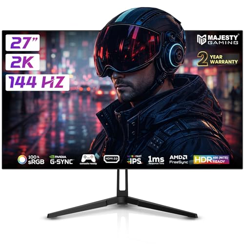 Majesty 27 2K QHD Gaming Monitor | FAST IPS | 144Hz | 1ms | HDR400 Ready | 100% sRGB | 10-Bit | G-SYNC & FreeSync | HDMI & DisplayPort | VESA | Built-in Speakers | Flexible Stand