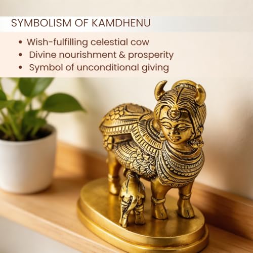 Image of Plus Value Nandi Kamdhenu Cow with Calf Idol Brass Statue Maha Vastu Remedies Product for Home Temple Decor Showpiece (3.5 x 4 Inches, Gold)