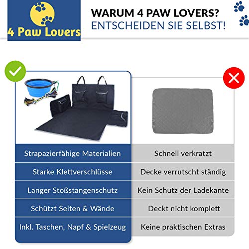 4 Paw Lovers Hundedecke Auto Kofferraum mit Stoßstangenschutz & 4 Taschen – Wasserdicht & Kratzfest, Universal 182 x 170 cm, Kofferraumschutz Matte