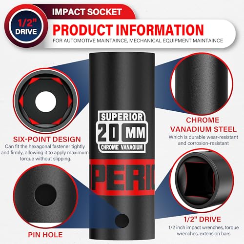 Image of 1 /2 inch Drive Impact Socket, 20 mm Deep Socket, Metric, 6 Point, CR-V, for Automotive Maintaince, Mechanical Equipment Maintaince