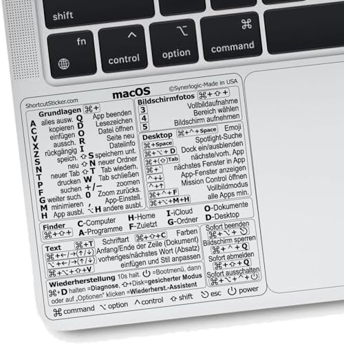 Synerlogic Mac OS naklejki na skróty | naklejki na klawiaturę do macOS | laminowana ściągawka winylowa MacBooka do laptopa | Skróty do MacBooka 2026 (przezroczysty/czarny/german)
