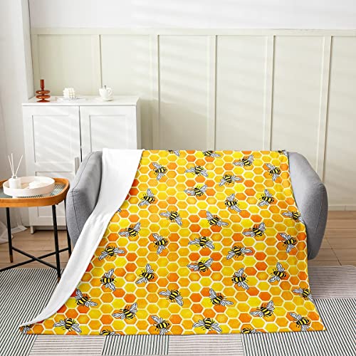 Loussiesd Bees and Flowers Throw Blanket, Garden Cute Bee Honeycomb Throw Blanket, Hexagonative Plush Blanket for Kids Girls Boys Orange Fuzzy Blanket Single 50x60 Inch