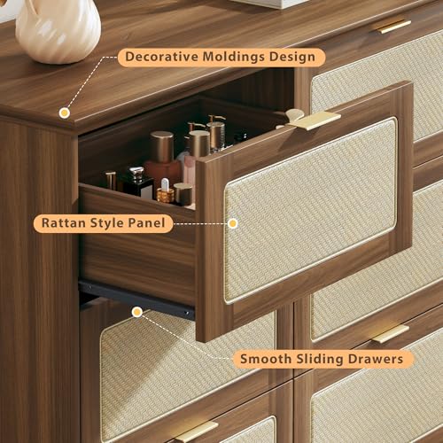 Image of HUAHUU 9 Drawer Dresser for Bedroom, 60 Inch Long Dressers & Rattan Chest of Drawers, Boho Style, Large TV Stand for 55, 65, 70 Inch TV, for Bedroom, Living Room, Entryway, Hallway, Walnut