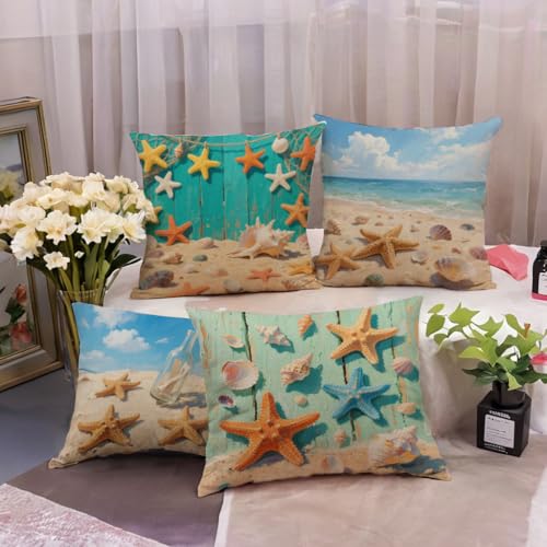 7COLORROOM Nautical Coastal Decor Pillow Covers Starfish/Seashell/Sand/Conch/Beach House Decorative Cushion Covers 18 x 18 Inch Sea Theme Home Decorative Pillowcases, 4 Pack - Image 4