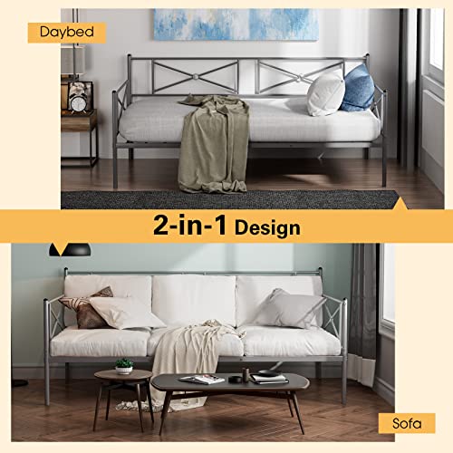Giantex Twin Daybed Frame, Metal Sofa Single Bed Frame W/Metal Slat Support & Stylish Headboard, No Box Spring Needed, Multifunctional Platform Bed For Living Room Guest Room, Silver #TOP2