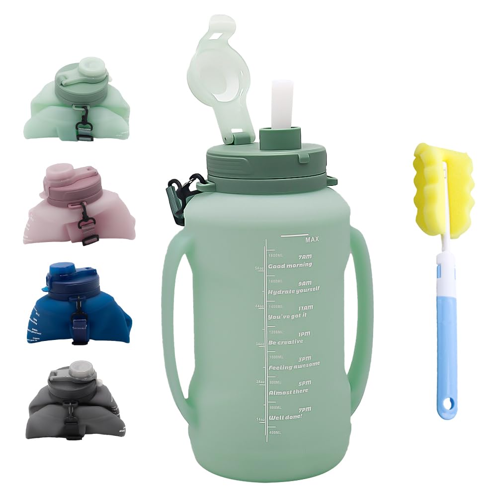 LELExilan 64oz Foldable Silicone Water Bottle with Straw, BPA-Free Motivational Time Marker, Leakproof Collapsible Water Jug with Handle for Gym,