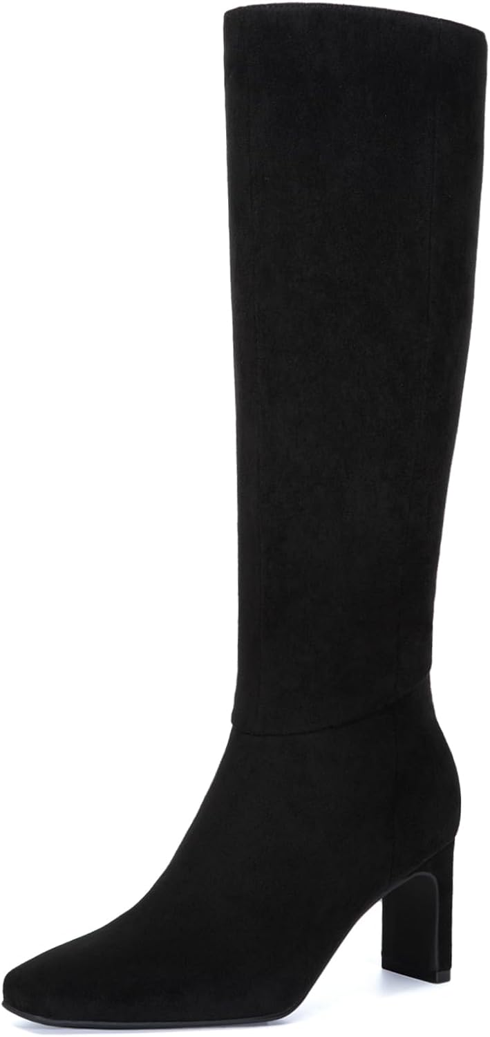 Athlefit Knee High Boots for Women Square Toe Chunky Heeled Tall Boots with Side Zipper