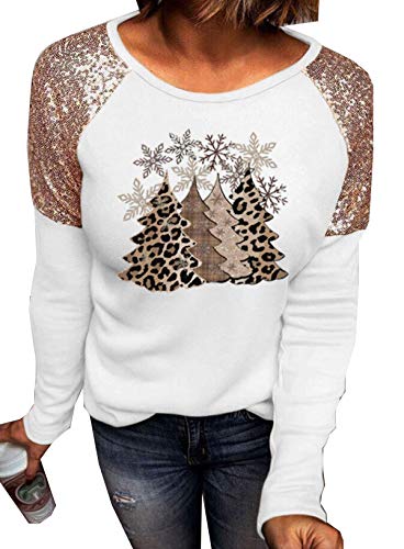 Leopard Christmas Trees Snowflake Sequined Splicing Blouse Women Long Sleeve Casual T-Shirt Tops (White, X-Large)