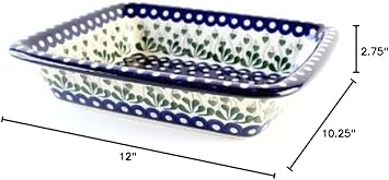 Blue Rose Polish Pottery - Blue Alyce Medium Rectangular Baker - 12.25 x 10 - Unique, Dishwasher Safe, Durable Bakeware