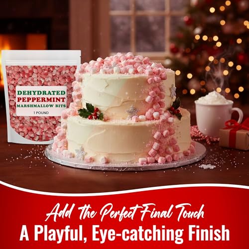 Dehydrated Mini Peppermint Marshmallows Bits - Dehydrated Marshmallows, mini marshmallow, Freeze Dried Marshmallow Candy - 1 pound - 16 oz Resealable Bag