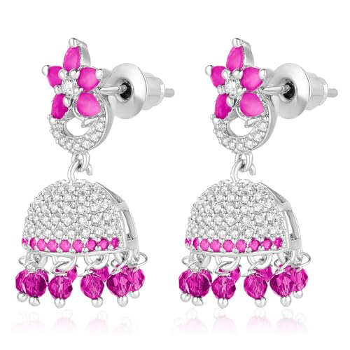 Peora Cubic Zirconia & Beads Studded Silver Plated Jhumki Earrings Ethnic Jewellery for Women & Girls - Image 5
