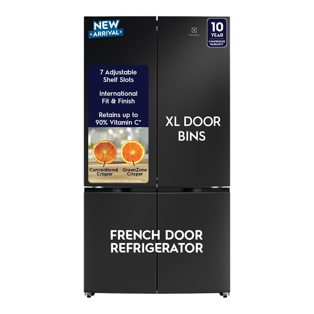 Electrolux 547L 4 Door Side by Side Refrigerator, Bottom Mount Freezer, GreenZone, QuickFreeze, XL Door Bins, Cooling360, Inverter, French Door, UltimateTaste 600, EQE5400D-B, Charcoal Black