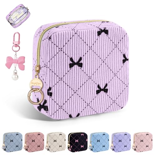 Image of Period Bag for Girls, Corduroy Sanitary Napkin Pouch, B-Purple | Bow Menstrual Pad Pouches Tampon Holder for Purse, Period Pouches with Keychain for Sanitary Napkin, Menstrual Cup, Tampo