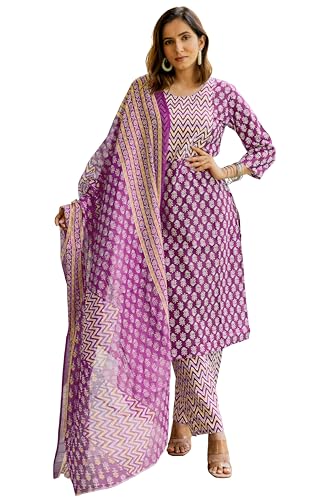 Image of MIRCHI FASHION Women's Straight Fit Pure Cotton Embellished Floral Printed Kurta Set with Dupatta and Trouser