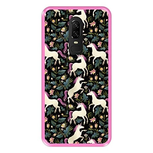 Mobilskal för [ OnePlus 6 ] design [ Blommönster med enhörningar 2 ] Rosa TPU flexibelt silikonskal