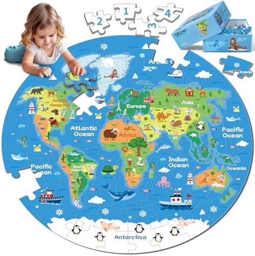 72 Piece World Map Jigsaw Puzzle for Kids 3-5, 4-6 Globe Round Fl...