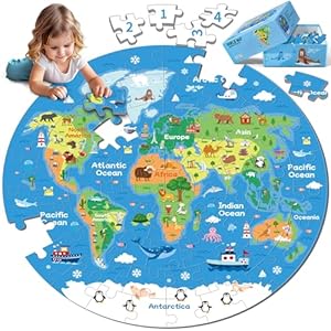 72 Piece World Map Jigsaw Puzzle for Kids 3-5, 4-6 Globe Round Floor Puzzles Geography Educational Birthday Gifts Learning Resource Educational Montessori Toys