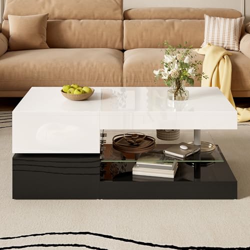 Merax Table Basse LED 90×45×35,5 cm – Table de Salon Moderne Noir-Blanc avec éclairage RGB contrôlable par appli & Bluetooth, Plateau Verre trempé +...