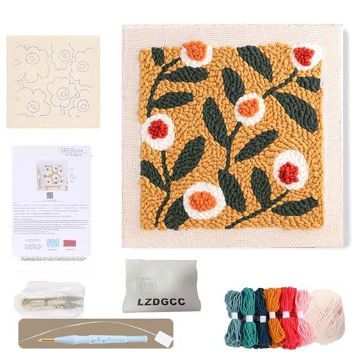 Image of LZDGCC Punch Needle Kits Adults Beginner, 9.8x9.8 Embroidery Punch Needle Kit Frame, Embroidery Starter Kit with Pattern, Threader, Yarns, Pinch Needle for Festival Gift and Decoration (Yellow)